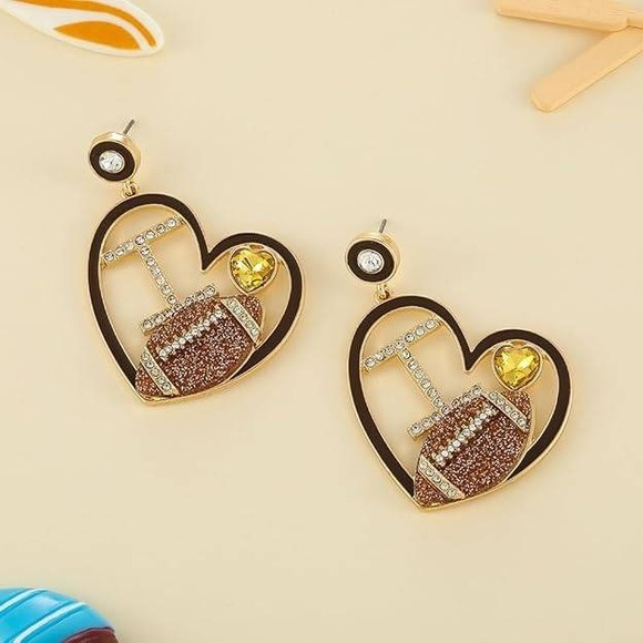 Heart Football Dangle Earrings Rhinestone Sparkle Women Super Bowl - Picture 5 of 7